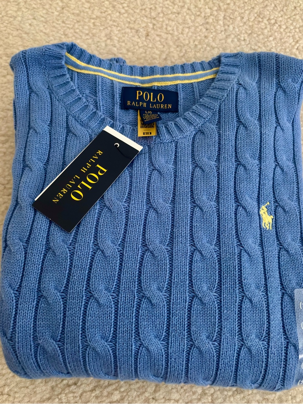 NWT Polo Ralph Lauren Youth  Light Blue Cable-Knit Crewneck Sweater L/G(14-16)